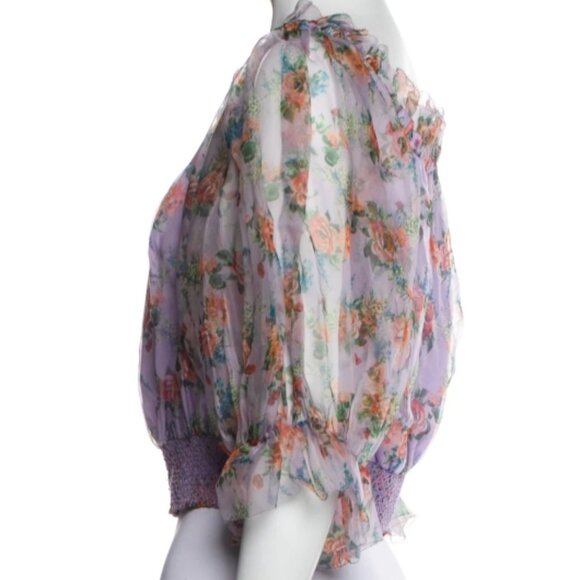 Alice+Olivia off Shoulder Smocked Lavender Silk Organza Floral Top L Orig $395 - Picture 2 of 9